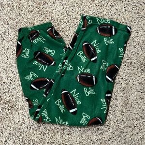 Size medium button fly “nice balls” green football pajama bottoms